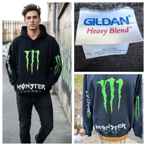 Vintage Monster Energy Oversized Hoodie Black XL Cyber Y2K Skater Grunge Boxy